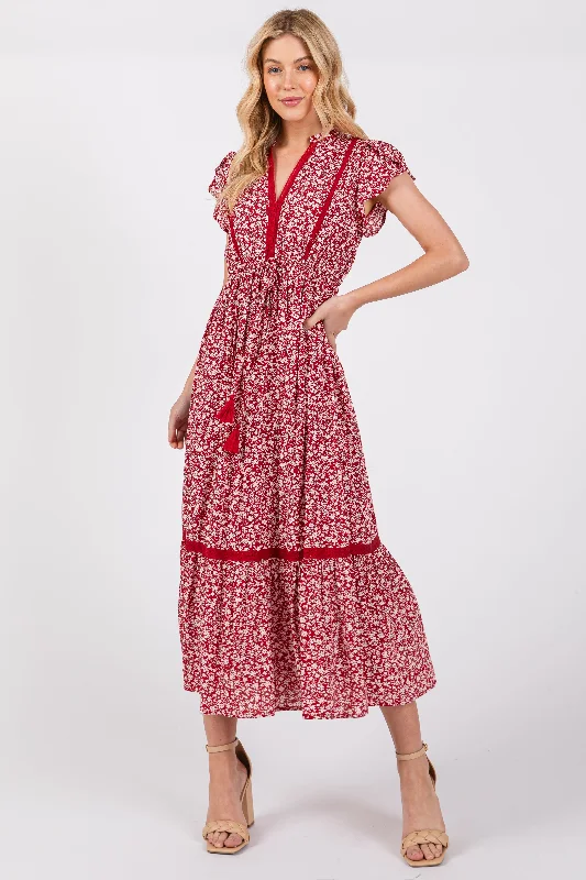 Price Drop off-the-shoulder dressRed Floral Lace Trim Midi Dress