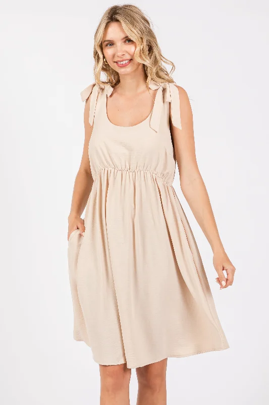 Fantastic Offers draped dressBeige Solid Tie-Shoulder Scoop Neck Dress