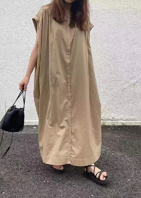 Can't Be Beat party dressWomen easy Khaki Button Cotton long Dress Short Sleeve