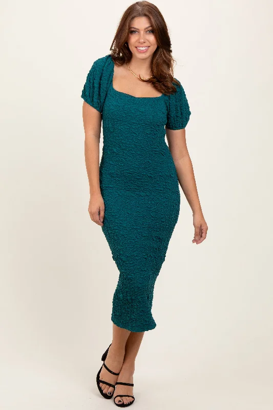 Don’t Miss Out casual day dressForest Green Textured Square Neck Puff Sleeve Midi Dress Don’t Miss Out casual day dressForest Green Textured Square Neck Puff Sleeve Midi Dress