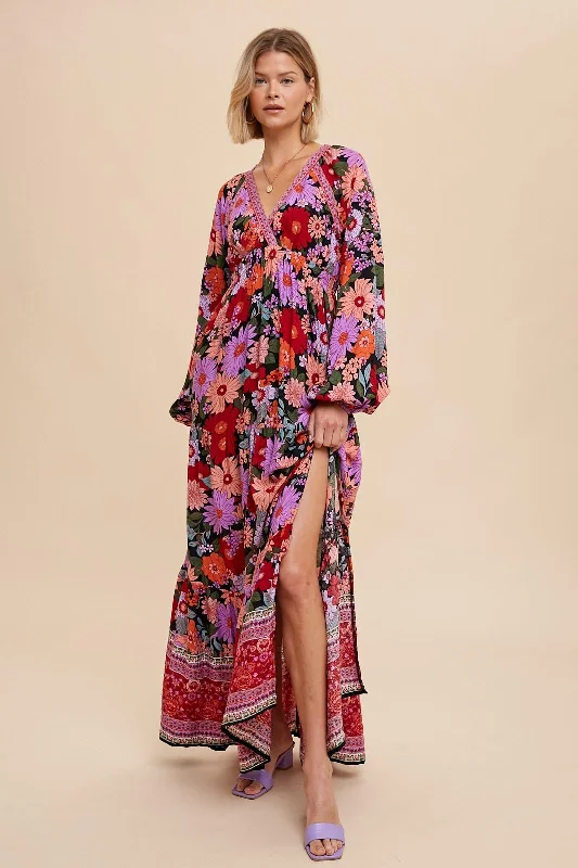 Today Only summer dressBlack Floral Long Sleeve Tiered Maxi Dress