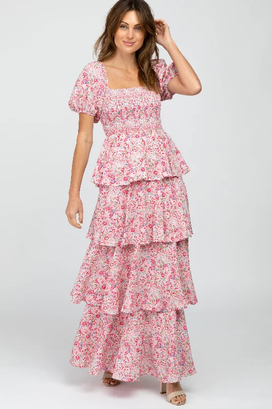 Extra Savings floral wrap dressPink Floral Square Neck Ruffle Layered Maxi Dress