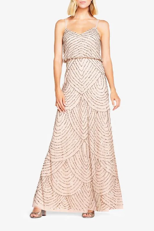 statement dressAdrianna Papell Art Deco Beaded Blouson Gown - Taupe Pink