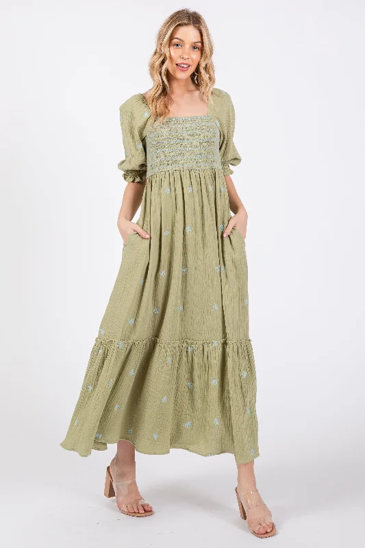 Quick Sale wrap-around dressLight Olive Gauze Smocked Embroidered Square Neck Midi Dress