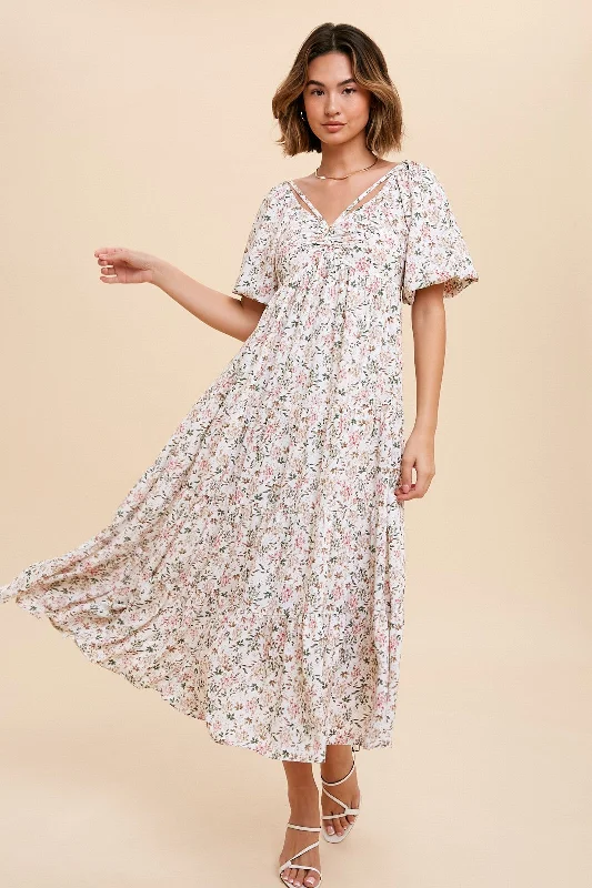 Savings Alert casual shift dressCream Floral Ruched Strappy V-Neck Front Puff Short Sleeve Midi Dress Savings Alert casual shift dressCream Floral Ruched Strappy V-Neck Front Puff Short Sleeve Midi Dress