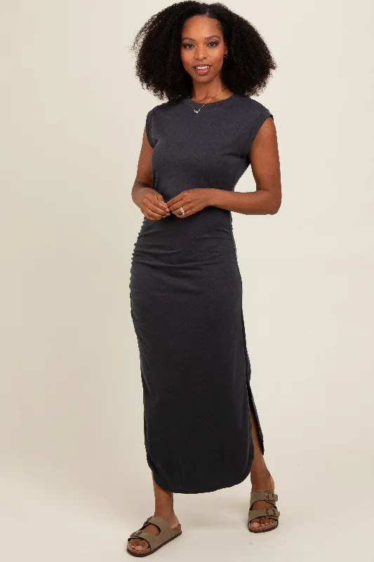 Early Access office dressBlack Ruched Side Slit Midi Dress