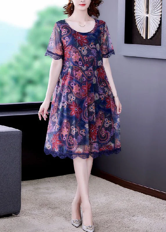 form-fitting dressBeautiful Blue O Neck Print Patchwork Tulle Dresses Summer