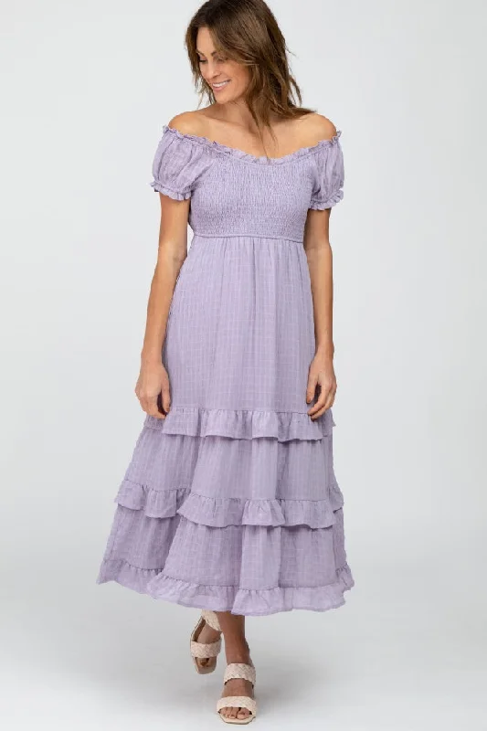 Bargain Bin satin midi dressLavender Smocked Ruffle Midi Dress