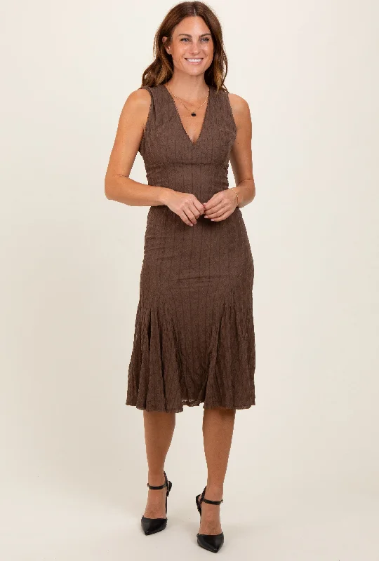 Don't Wait elegant shift dressBrown Textured V-Neck Midi Dress