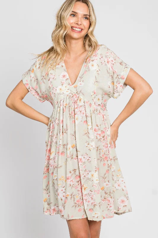Exclusive Deal casual knit dressLight Olive Floral V-Neck Short Sleeve Dress