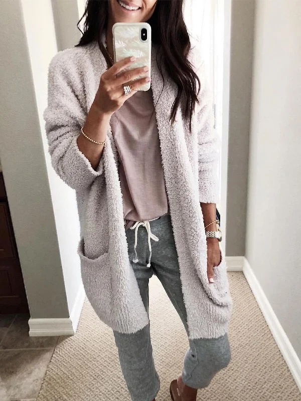 Fantastic Offers everyday winter coatSolid Color Medium And Thick Fleece Long Sleeved Long Cardigan