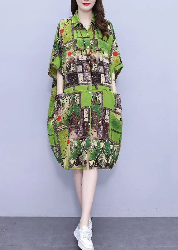 sophisticated dressLoose Green Print Pockets Cotton Shirts Dress Half Sleeve