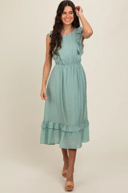 Savings Event v-neck dressJade Texture Ruffle Accent Midi Dress