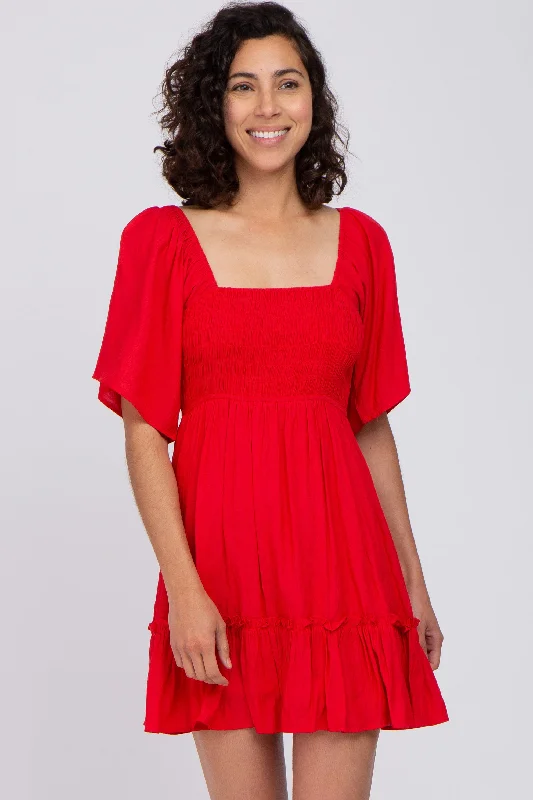 Amazing Deals elegant evening dressRed Smocked Tie Back Mini Dress