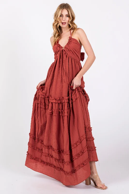 Buy Now classic fit-and-flare dressRust Ruffle Ruched Deep V-Neck Maxi Dress
