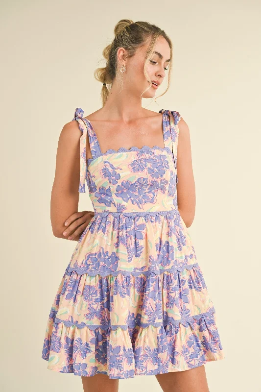 Exclusive Savings elegant evening dressLavender Nude Floral Tiered Scallop Trim Mini Dress