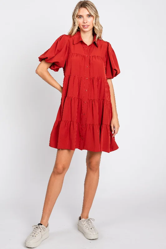 Massive Deals cocktail party dressRust Puff Sleeve Mini Shirt Dress