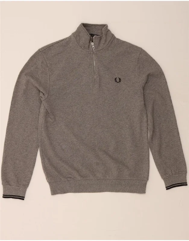 Unbeatable Prices FRED PERRY Mens Zip Neck Sweatshirt Jumper Small Grey Cotton