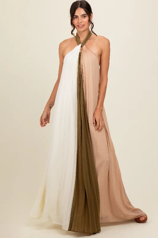 Final Markdown silk dressOlive Colorblock Pleated Halter Neck Maxi Dress