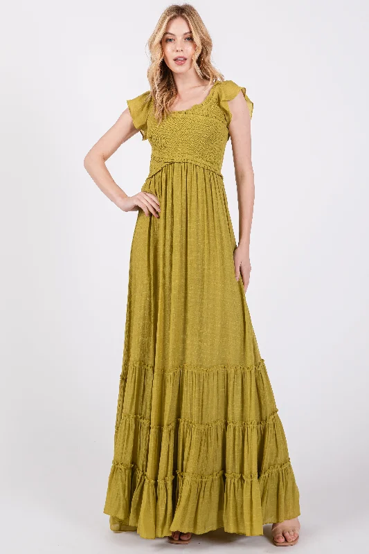 Sale Event sleeveless dressLime Smocked Crossover Off Shoulder Maxi Dress