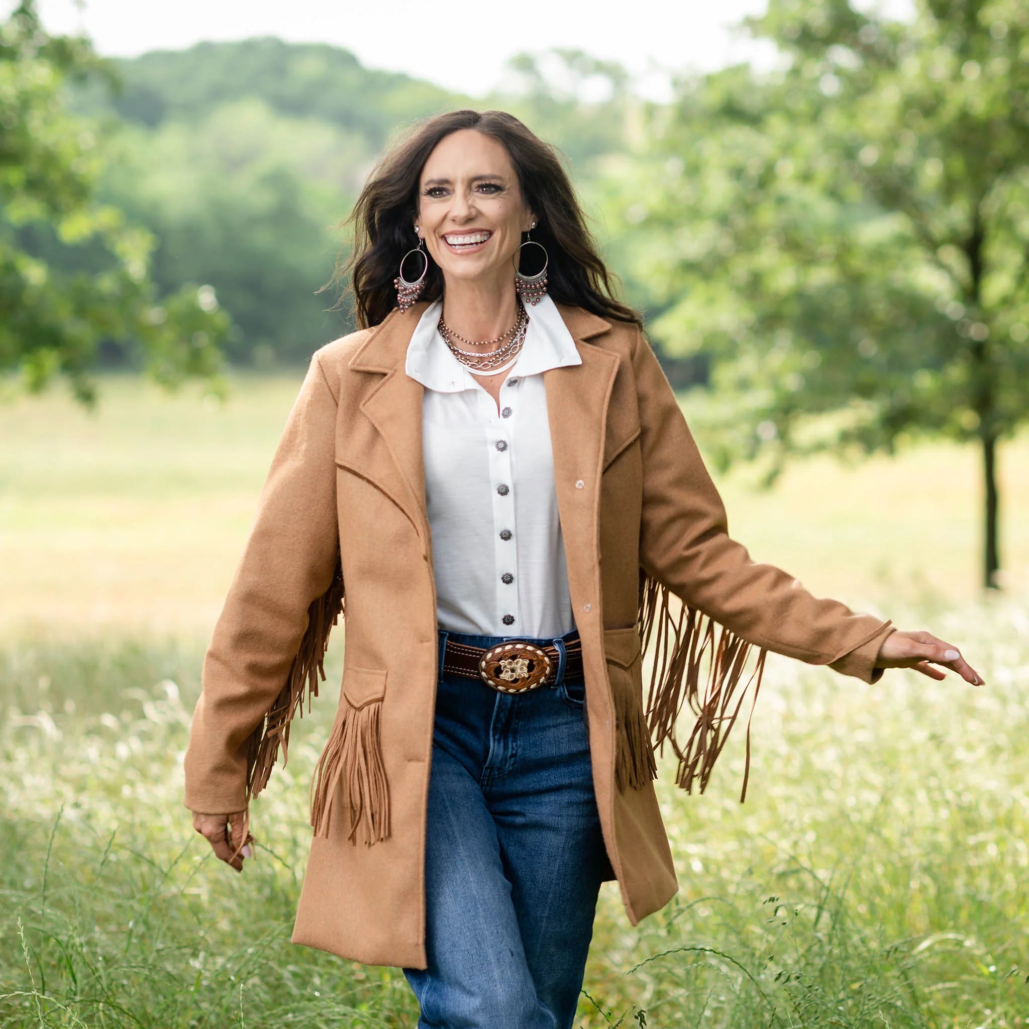 oversized trench coatSTS Ranchwear Women's Hattie Wool Fringe Coat in Chestnut