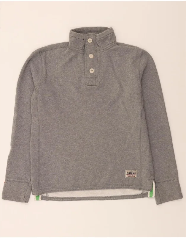 Seasonal Sale SUPERDRY Mens Button Neck Sweatshirt Jumper XL Grey Cotton