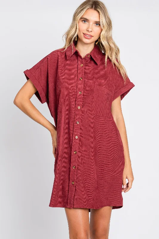 Don't Miss one-shoulder dressBurgundy Ribbed Button Down Mini Dress