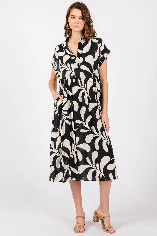 Special Discount off-the-shoulder dressBlack Abstract Print Collared Dress