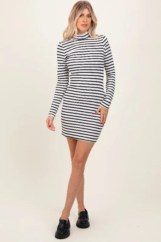 Final Clearance stylish party dressIvory Striped Mock Neck Long Sleeve Fitted Dress