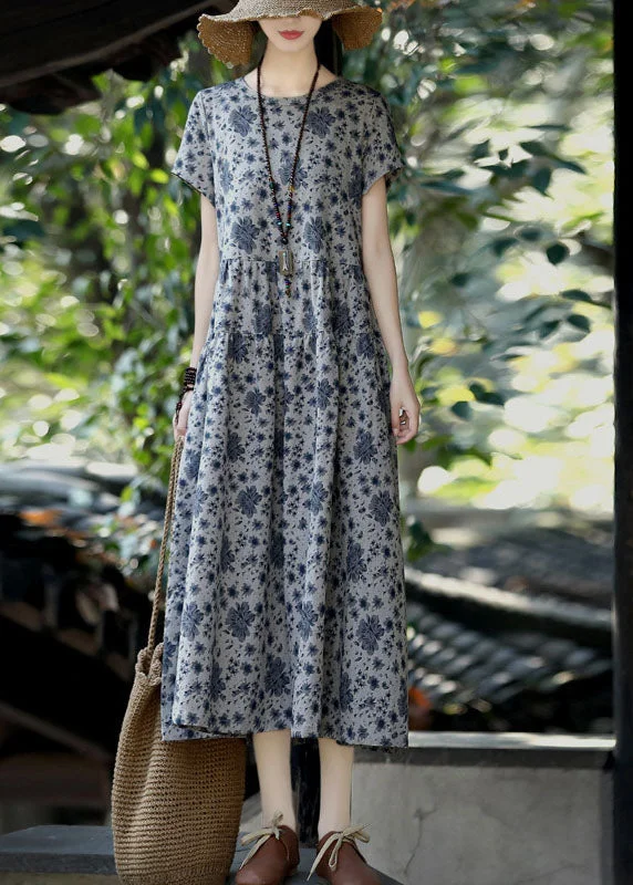 New Arrival office dressNatural Grey O-Neck Patchwork Print Linen Long Dress Short Sleeve New Arrival office dressNatural Grey O-Neck Patchwork Print Linen Long Dress Short Sleeve