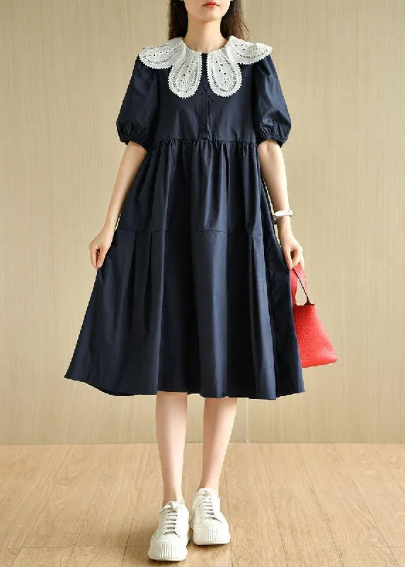Exclusive Offers party-ready dressChic Navy Peter Pan Collar Patchwork Summer Cotton Dresses Short Sleeve