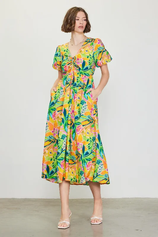 Savings Alert trendy wrap dressLime Floral Puff Sleeve Midi Dress