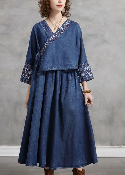 Limited Availability winter dressFrench Blue Cinched V Neck Embroideried pocket Cotton Dresses Long Sleeve Limited Availability winter dressFrench Blue Cinched V Neck Embroideried pocket Cotton Dresses Long Sleeve