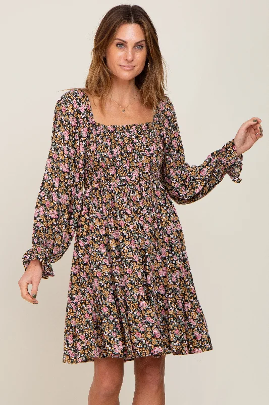 Limited Time tiered dressBlack Floral Smocked Square Neck Dress