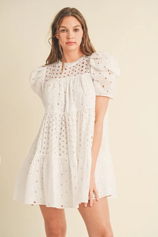 Best Bargains wool dressWhite Floral Eyelet Puff Sleeve Mini Dress
