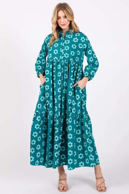 Unmissable Offer chic slip dressEmerald Floral 3/4 Sleeve Collared Maxi Dress