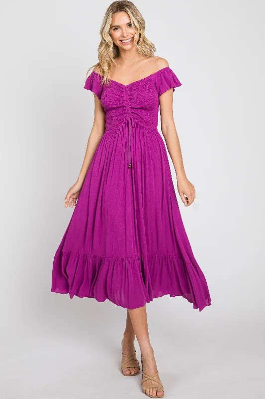 Markdowns printed dressMagenta Smocked Ruched Ruffle Hem Maxi Dress