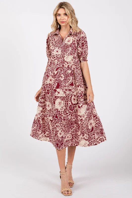 Special Discount casual evening dressBurgundy Floral Collared Tiered Midi Dress