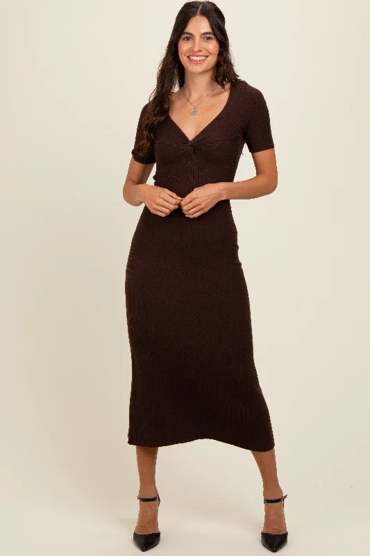 Exclusive Offers elegant maxi dressBrown Knit Twisted V-Neck Maxi Dress