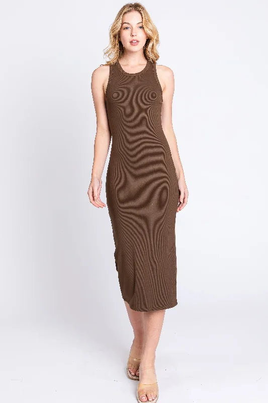Final Sale chic slip dressBrown Sleeveless Ribbed Fitted Midi Dress