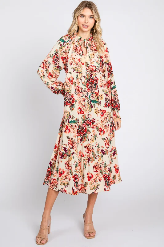 Deal Frenzy chic wrap dressCream Floral Ruffle Neck Tiered Midi Dress