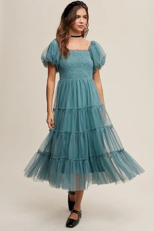 Unmissable Offer flowy maxi dressTeal Smocked Tiered Tulle Midi Dress