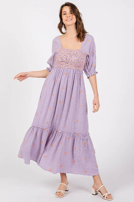 Lowest Price denim dressLavender Gauze Smocked Embroidered Square Neck Midi Dress