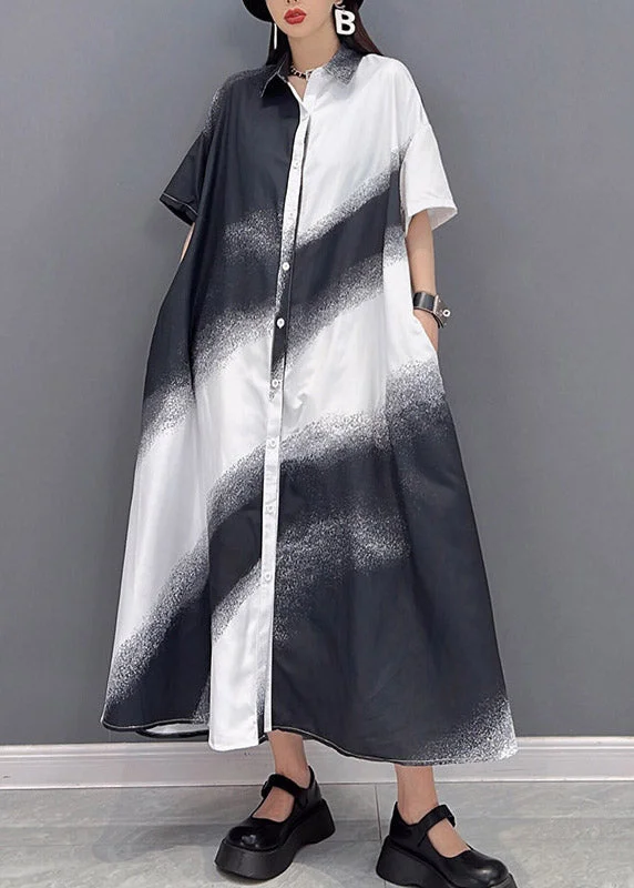 Stock Clearance high-waisted dressCasual White Peter Pan Collar Button Gradient color Dress Short Sleeve