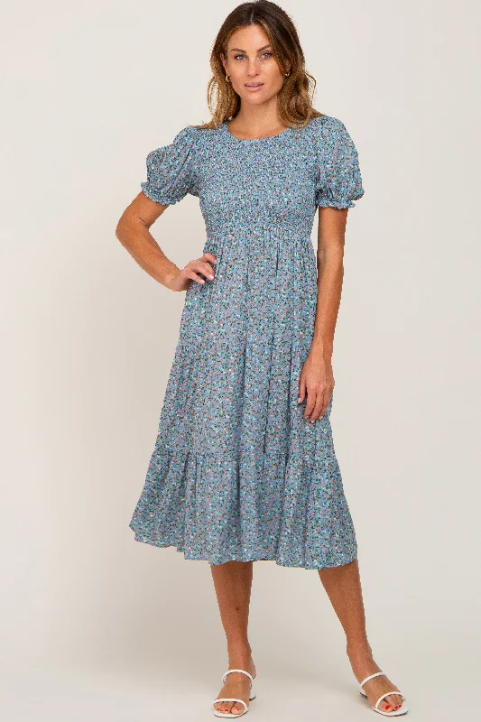 Hurry In satin dressBlue Floral Smocked Midi Dress