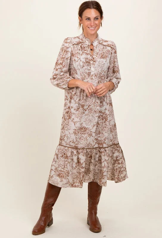 Special Discount bohemian dressBrown Printed Split Ruffle Collar Midi Dress
