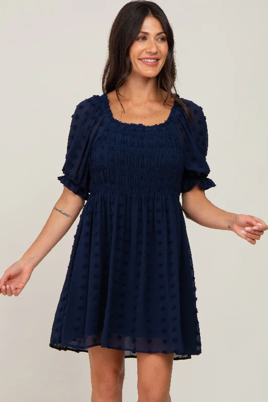 Discount Days elegant evening dressNavy Blue Textured Polka Dot Chiffon Smocked Dress