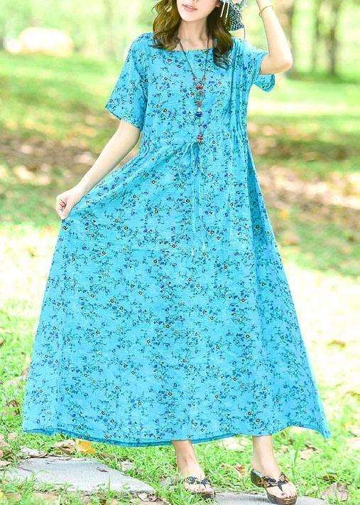 Big Discounts elegant dressWomen tie waist cotton dress Tutorials blue print long Dress summer