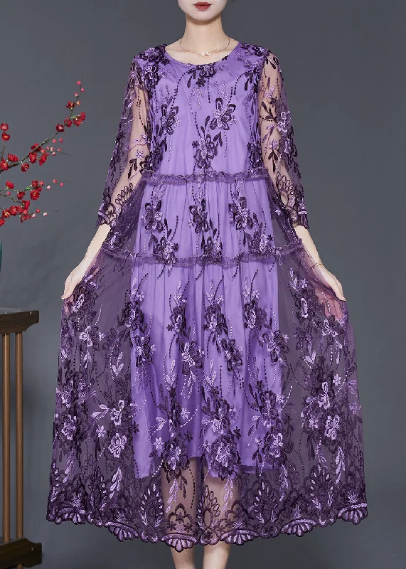 boho dressPurple Hollow Out Tulle Dress Embroidered Summer