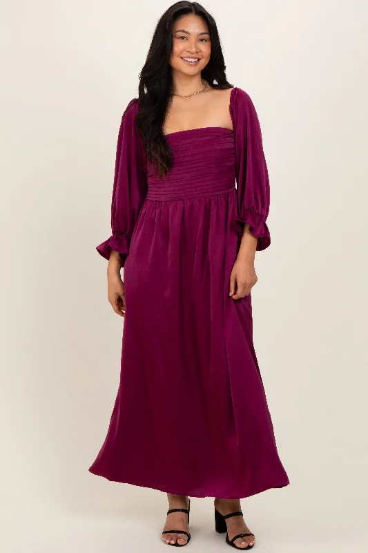 Hurry In bodycon dressBurgundy Off Shoulder Satin Pleated Bodice Maxi Dress